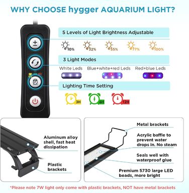 Світлодіодне освітлення для акваріума hygger 14 Вт, світлодіодна лампа для акваріума з таймером, регульована яскравість, світлодіодне освітлення для акваріума з регульованим кронштейном для акваріума 41-61 см (біле, синє, червоне світло)