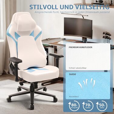 Геймерське крісло, ігрове крісло вантажопідйомністю 200 кг, ергономічне офісне крісло з функцією гойдання, геймерське крісло з підголівником та поперековою опорою, 4D підлокітники, офісне крісло з високою спинкою, ігрове крісло, біло-синє