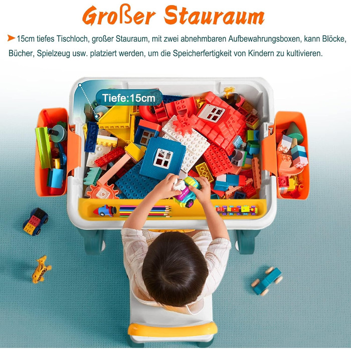 Комплект дитячого столу та стільця 5-в-1 дитячий стіл та стілець, ігровий стіл з будівельними блоками та 2 стільцями двостороння стільниця багатофункціональний ігровий стіл із місцем для зберігання навчальних та розвиваючих ігор будівельні блоки 5-в-1, ве