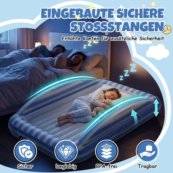 Дорожнє ліжечко/дитяче ліжко з електричним повітряним насосом - Надувне дитяче ліжко з піднятими захисними бортиками, м&39якою флокованою поверхнею, портативне для подорожей, ночівлі та домашнього використання (1 особа)