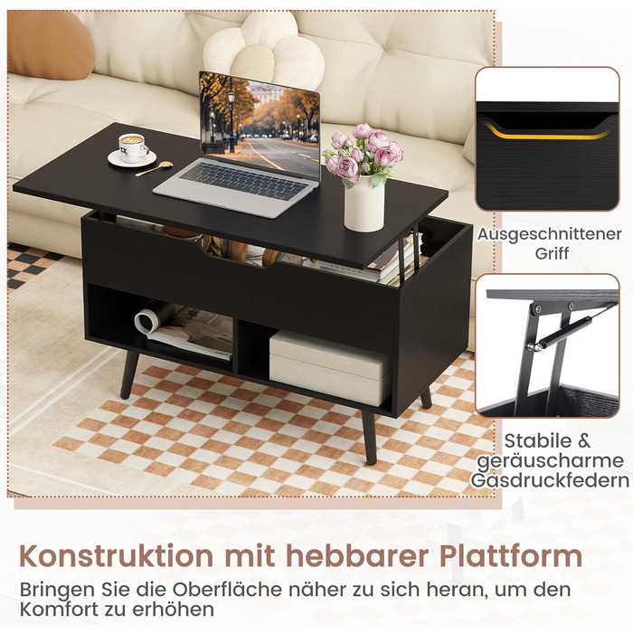 Журнальний столик COSTWAY з регульованою висотою, диван-столик з підйомною стільницею та 2 відкритими полицями, розсувний дерев&39яний журнальний столик для вітальні, офісу, 80 x 40 x 46-60 см (чорний)