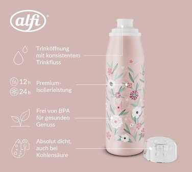 Дитяча пляшка alfi KIDS ISO 500 мл, пастельно-рожева, ізольована дитяча пляшка для пиття, нержавіюча сталь, повністю герметична з кришкою, що закручується, зберігає напої гарячими 12 годин, холодними 24 години, підходить для газованих напоїв, без BPA, кві