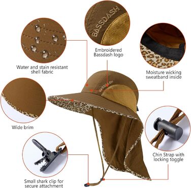 Унісекс сонцезахисний капелюх Bassdash, UPF 50, рибальський капелюх, водовідштовхувальний, з широкими полями та великим захистом шиї, хвіст, чоловічий/жіночий, один розмір, карамельний/леопардовий