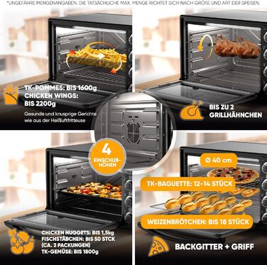 Міні-піч Stillstern з конвекцією (60 л) НОВИНКА CYCLONE PRO (антипригарне покриття), версія DE, вставка для фритюрниці, буклет з рецептами, вертел, міні-піч для піци на грилі потужністю 2200 Вт також для кемпінгу