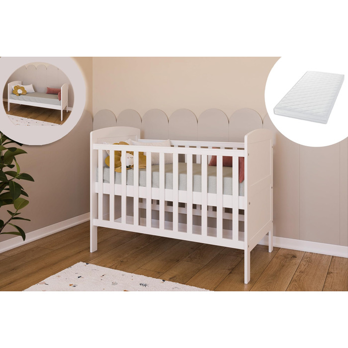 Дитяче ліжко/ліжечко Kids Collective 70x140 см з матрацом, трансформоване ліжечко, регульована висота Біле дитяче ліжко, зроблено в Європі, 70x140 см Від народження до 6 років, 70 x 140 см білий матрац