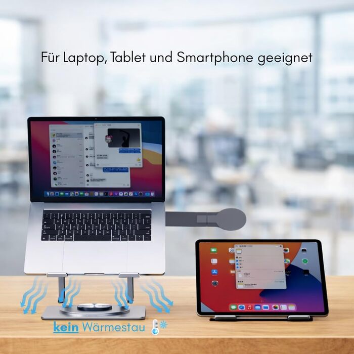 Стійка для ноутбука з магнітним тримачем для телефону, поворотна на 360 та регульована по висоті, виготовлена зі сталевого сплаву надміцна, складана, ергономічна з вентиляцією, для ноутбуків 1017,3 дюймів