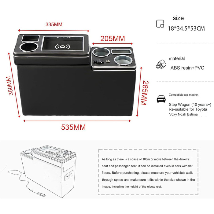 Центральна консоль з полицями Відсік для зберігання Сумісний з VW T4 T5 T6 T6.1 T7 Всі моделі з 2003-2019 рр., Чорні шкіряні аксесуари з бездротовою індуктивною зарядкою, USB та LED підсвічування Бездротова зарядка