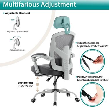 Ергономічне офісне крісло DUMOS, письмове крісло зі зручними підлокітниками, оснащене зручною поперековою опорою та підставкою для ніг, підходить для домашнього використання, C-3509-сірий, 50,75 x 39 x 26 дюймів