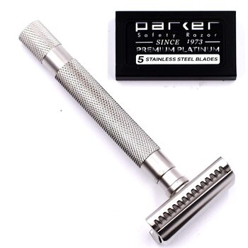 Безпечна бритва Parker Semi Slant Safety Razor та 5 лез для гоління Parker Premium Double Edge Satin Chrome