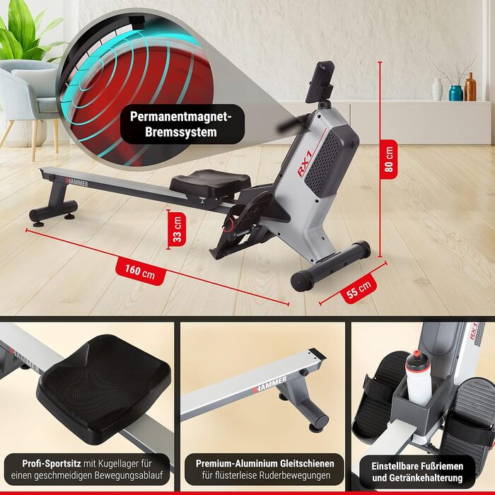 Гребний тренажер HAMMER RX1 для домашнього використання - складний гребний тренажер з магнітною гальмівною системою, сидінням на кулькових підшипниках, вагою користувача до 120 кг та вбудованим пульсометром для нагрудних ременів