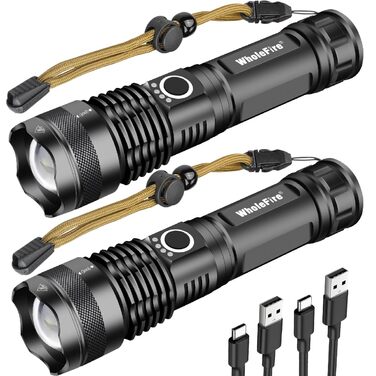Світлодіодний ліхтарик WholeFire, акумуляторний USB, 2 шт., надзвичайно яскравий 90000 люмен XHP70.2, з можливістю масштабування, водонепроникний, потужний, 5 режимів, аварійне освітлення для використання на вулиці
