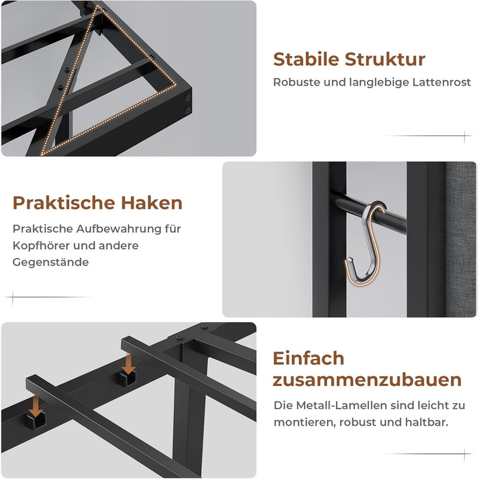 М&39яке ліжко 140x200 см із зарядною станцією та світлодіодним освітленням, каркас двоспального ліжка з місцем для зберігання, узголів&39ям та рейковою основою, плаваючий візуальний ефект, сучасний лляний каркас ліжка, матрац не входить до комплекту, темн