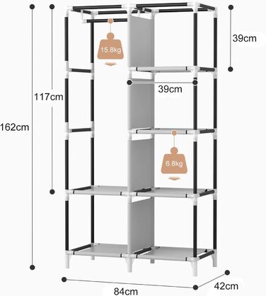 Шафа, тканинна шафа з вішаком для одягу, 6 полицями, 4 боковими кишенями та кришкою, міцна шафа для гардеробної спальні (чорна, 84 x 42 x 162 см)