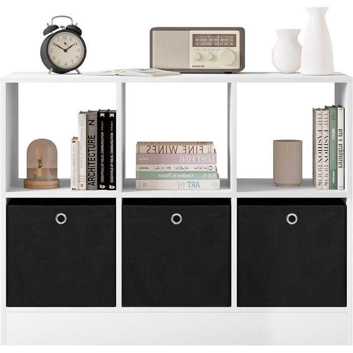 Книжкова полиця WOLTU з 3 шухлядами з нетканого матеріалу, окремостояча полиця з 6 відділеннями, кубічна полиця для спальні, вітальні, кабінету, офісу, біла, 80x60x30 см, SK033ws 6 відділень (30Г x 80Ш x 60В см) Біла