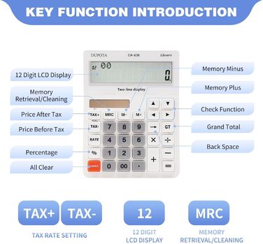 Настільний калькулятор, великі кнопки, 2 ряди, надвеликий дисплей, 12-розрядний настільний калькулятор, офісний калькулятор, податковий калькулятор, великий розмір (OA-608)