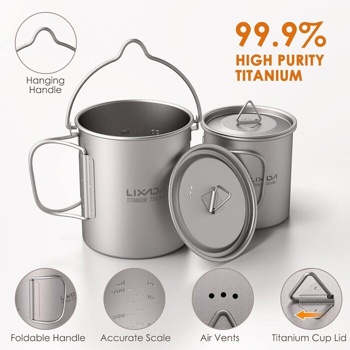Горщик Lixada Titanium Cup Potty, надлегкий, портативний, підвісний, з кришкою та ручкою, складний, для кемпінгу, активного відпочинку, походів, 900 мл (горщик 750 мл чашка 420 мл та лоток)