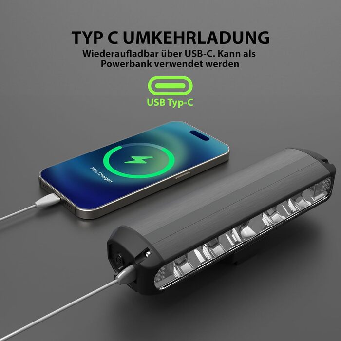 Передній велосипедний ліхтар UPPEL, 2600 люмен, зарядний порт USB-C, 5 світлодіодів, 8000 мАг, 4 режими світла, легке встановлення, найкращий алюмінієвий передній велосипедний ліхтар для нічної їзди - чорний