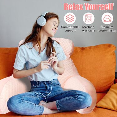 Подушка для читання, подушка для ліжка, надзвичайно велика подушка для спини дорослого 70x50 см зі знімним валиком для шиї та підлокітником, зручна подушка для читання для ліжка та дивана (рожева, дуже велика)