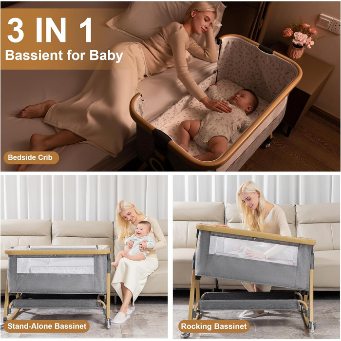 Портативне дитяче ліжко YAZOCO 3-в-1 з дихаючою сіткою та простирадлом, регульованою колискою з кошиком для зберігання (висока версія, сірий колір)