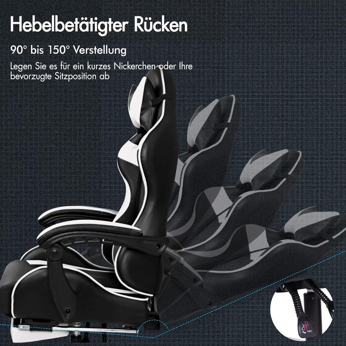 Ігрове масажне крісло ALFORDSON, нахил 150, ергономічне крісло для керівника, шкіра синтетична з підставкою для ніг, регулювання висоти, спортивне крісло, вантажопідйомність 180 кг, білий Vogler - серія White Vogler