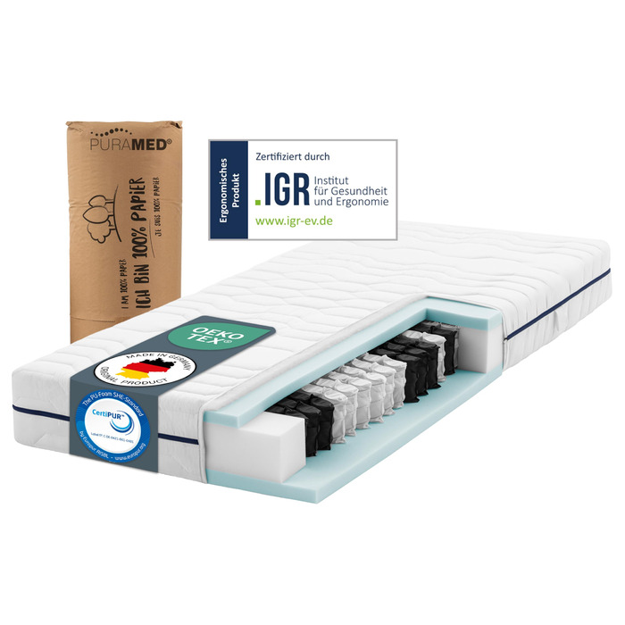 Матрац з пружинним блоком кишенькової форми 90x200 см Рівень жорсткості H3 Висота 20 см Ергономічний 7-зонний матрац Чохол з мікрофібри, який можна прати Сертифіковано Oeko-TEX та CertiPUR Зроблено в Німеччині 90 x 200 см H3