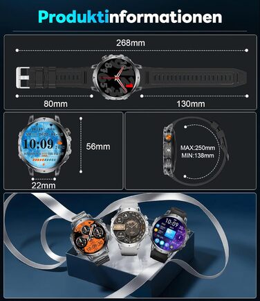 Розумний годинник LIGE Military для чоловіків (3 ремінці) - 1000 мАг/1,85 дюйма HD великий сенсорний екран/світлодіодна підсвітка, фітнес-годинник з понад 110 спортивними режимами, відстеження серцевого ритму/сну, спортивний годинник для iOS/Android, наси