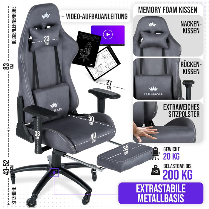 Ергономічне ігрове крісло ПЕРЕМОЖЕЦЬ ТЕСТУ Ролики, стійкі до подряпин, дихаюче, 4D підлокітники, з підставкою для ніг Ергономічне ігрове крісло з тканини, вантажопідйомність 150 кг Антрацитове ігрове крісло