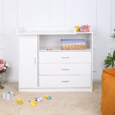 Пеленальний столик ecomi, дитячий комод з дерева з пеленальною тумбою, 3 шухляди, 1 дверцята, висота 100 см, білий колір, пеленальний столик 113x100 см, хромовані ручки