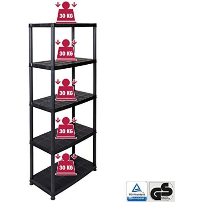 Пластиковий стелаж Kreher, стелаж для зберігання з 5 полицями, чорний. Вантажопідйомність 150 кг. 71 x 38 x 171 см. Сертифіковано TV Rheinland.