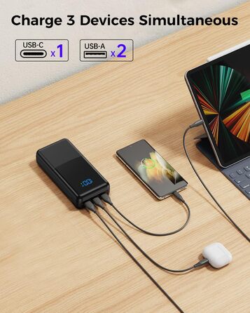 Портативний Power Bank USB C 30W Fast Charging Power Bank зі світлодіодним дисплеєм Зовнішня батарея мобільного телефону з 3 виходами та 2 входами для смартфонів, планшетів, AirPods тощо, 27000mAh