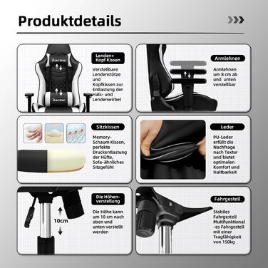 Ігрове крісло, функція гойдання до 170, офісне крісло, ігрове крісло з регульованою поперековою подушкою, підголівником та підлокітниками, ігрове крісло зі зручними подушками сидіння, ігрове крісло вантажопідйомністю 150 кг