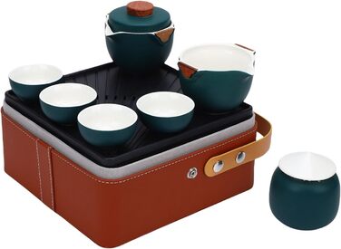 Гонфу-Чайний Сервіс, Портативний Керамічний Чайник з Елегантним Коричневим Шкіряним Футляром, Традиційний Темно-Зелений Дизайн для Дому, Офісу, Подорожей та як Подарунок