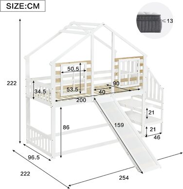 Дитяче двоярусне ліжко 90x200, ліжко-горище, дерев&39яне ліжко-будиночок зі сходами та гіркою, каркас ліжка із захистом від падіння та поручнями, ліжко з рейковою основою, каркас ліжка з масиву дерева, без матраца, білий колір