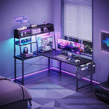 Г-подібний ігровий стіл Coleshome зі світлодіодним підсвічуванням, 130x100 см, кутовий стіл з полицями та кишенями для зберігання, двосторонній ігровий стіл для домашнього офісу та геймерів, чорний