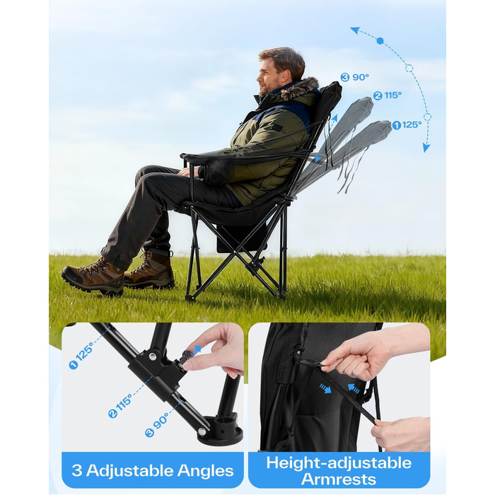 Складане кемпінгове крісло Sportneer Складане кемпінгове крісло до 160 кг, 3 регульовані кути нахилу, кемпінгове крісло/рибальське крісло зі спинкою, підголівником та сумкою для перенесення, складне кемпінгове крісло/вуличне крісло, , чорний