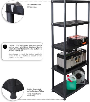 Набір Kreher Value з 2 пластикових стелажів, підвальні стелажі, стелажі для зберігання, 5 полиць чорного кольору. Максимальне навантаження 150 кг на полицю. 71 x 38 x 171 см (В). Сертифіковано TV Rheinland.