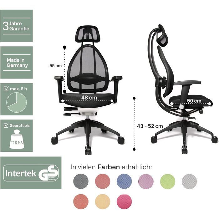 Ергономічне офісне крісло Topstar Open Art 2010, стілець для роботи, включаючи регульовані по висоті підлокітники, спинку та підголівник, тканина чорна/помаранчева, помаранчева/чорна, чорна сітчаста спинка