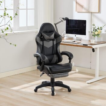 Ергономічне шкіряне ігрове крісло з поворотом на 360, регульоване по висоті з підніжкою, підголівником та поперековою опорою, гоночний дизайн для офісу та ігор, чорно-сірий колір, 64,5x52x116,5 см