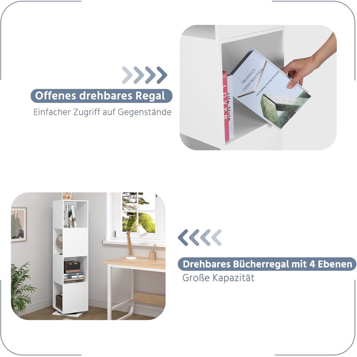 Поворотна полиця EUGAD, 4-рівнева поворотна книжкова полиця, полиця для зберігання на місці, офісна полиця, полиця для документів, для вітальні, спальні, офісу, дитячої кімнати, 35x145x35 см, білий 0046SHG