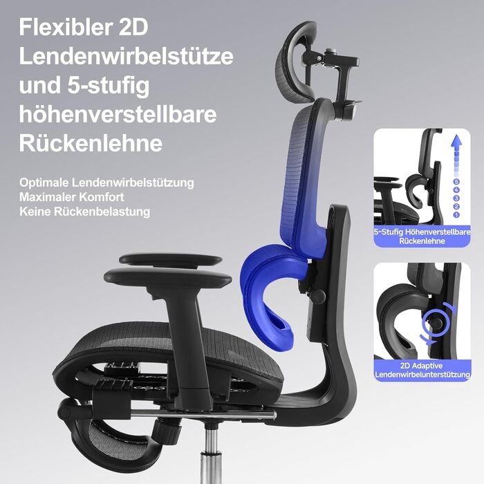 Ергономічне офісне крісло з підставкою для ніг та подушкою для шиї, 5-позиційне регулювання висоти спинки, 2D-підтримка попереку, 3D-підлокітники/підголівник, функція нахилу 145, сітчасте сидіння, гумові колеса, чорний колір.