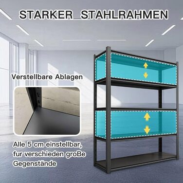 Стелаж для зберігання, надміцний стелаж, стелаж для підвалу, 80x40x180 см, стелаж зі сталевою рамою, вантажопідйомність до 900 кг кожна, 5 регульованих полиць, 80*40*180*5, чорний