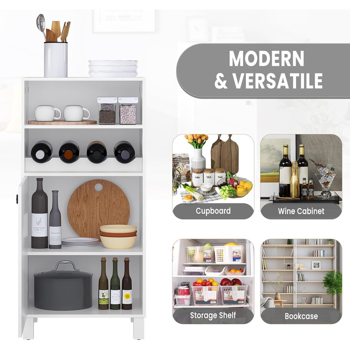 Кухонна шафа WOLTU з винною полицею, книжковою полицею, кухонною полицею, багатофункціональною шафою для зберігання, книжковою шафою, з дверцятами та регульованими полицями, білою, 48x108x40 см, KSK01ws