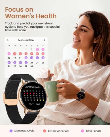 Жіночий круглий смарт-годинник, фітнес-годинник з функцією телефону, 24-годинний монітор серцевого ритму, відстеження SpO2, відстеження менструального циклу, понад 120 спортивних режимів, відстеження сну, водонепроникність IP68, крокомір, сумісний з iOS/A