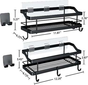 Полиця для душу Carwiner для ванної кімнати, 2 шт. , кошик з 8 гачками для підвішування шампуню-кондиціонера, полиця з нержавіючої сталі, настінна, органайзер для зберігання на кухні, не вимагає свердління (чорний)