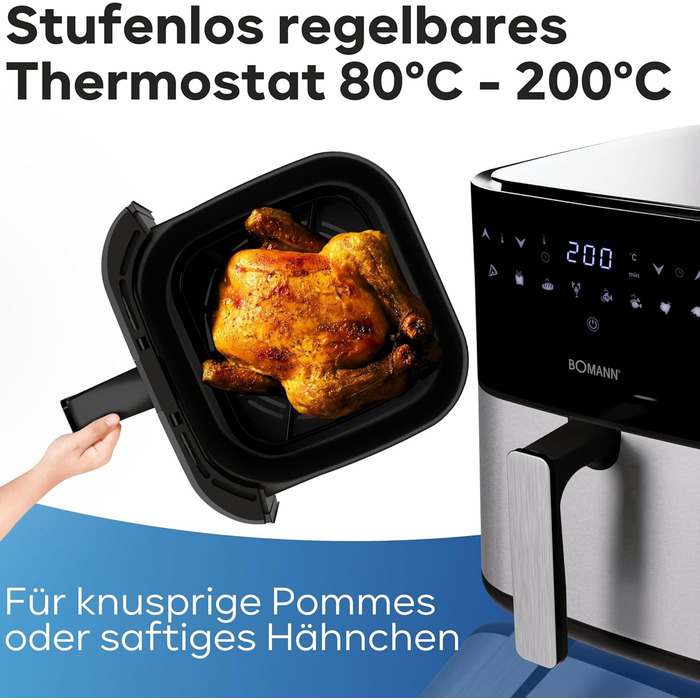 Фритюрниця Bomann XXL - фритюрниця 5 л Гаряче повітря для знежиреного смаження Мультипіч з нержавіючої сталі з цифровим сенсорним екраном Потік повітря на 360 Фритюрниця з 8 програмами FR 6069 H CB Чорний/Нержавіюча сталь *Модель 2024*