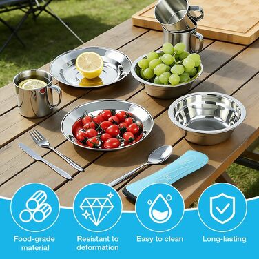 Набір посуду для кемпінгу, 15 предметів, нержавіюча сталь тарілки, миски, чашки, виделки, ложки та чохол для зберігання. Посуд з нержавіючої сталі для кемпінгу, походів та пікніків