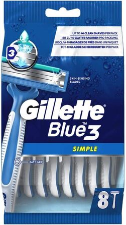 Проста одноразова бритва Gillette Blue3 для чоловіків, 8 бритв із 3 лезами, волога бритва з фіксованим лезом, зволожуюча смужка