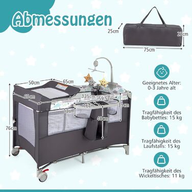 Дитяче ліжечко DREAMADE 120 x 60 см з колесами, дорожнє ліжечко 4 в 1 з матрацом, складне дитяче ліжечко як пеленальний столик та манеж, дорожнє ліжечко для малюків від народження (сіре)