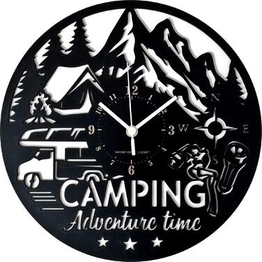 Настінний годинник Camping декор для пригод із наметом, кемпером та компасом Безшумний кварцовий механізм Ідея подарунка для кемперів та любителів природи та outdoor