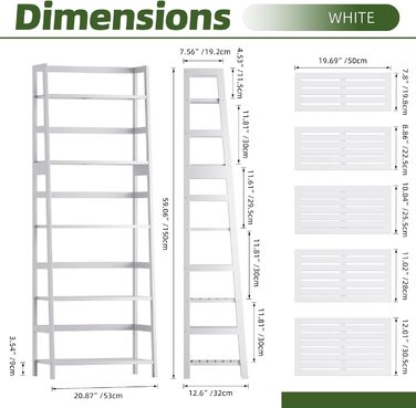 Полиця-драбина, 5-ярусна книжкова шафа, повнорозмірна бамбукова міцна книжкова шафа, окремостояча відкрита дерев&39яна полиця, сучасна кутова підставка для вітальні, домашнього офісу, ванної кімнати, біла